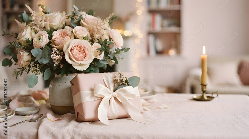 Obraz premium Romantic Birthday Gift Box With Silk Ribbon and Fresh Pastel Rose Bouquet on Dining Table.