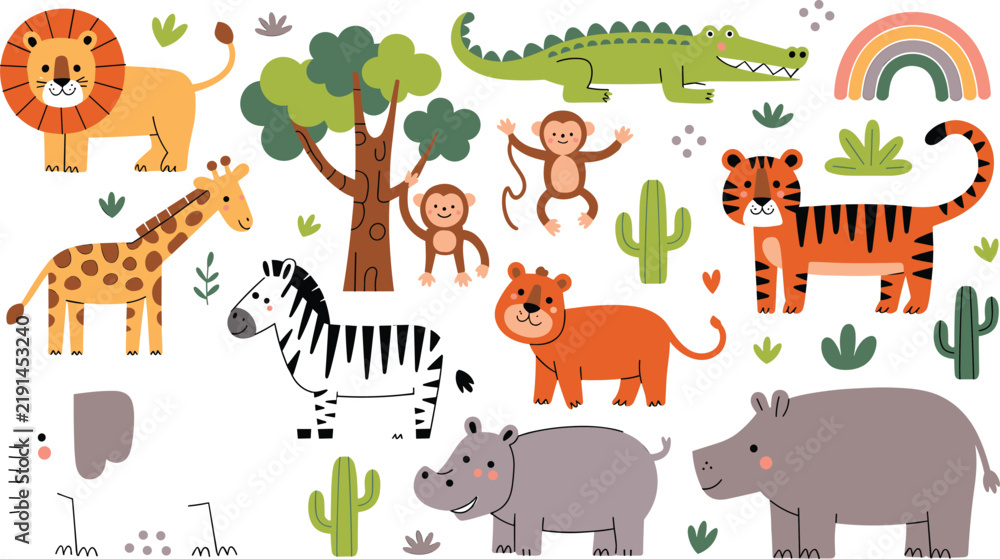 Obraz premium Cute Safari Animal Vector Clipart Set with Cartoon Lion, Tiger, Giraffe, Zebra, Crocodile, Monkeys, Hippo, and Jungle Trees for Kids Nursery Room Graphic Designs