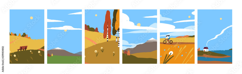 Obraz premium Posters with autumn landscape. Vertical backgrounds with fall nature. Countryside scenes in October. Autumn landscapes with trees, mountains, fields, lakes and forests. Fall outdoor scenes of nature.