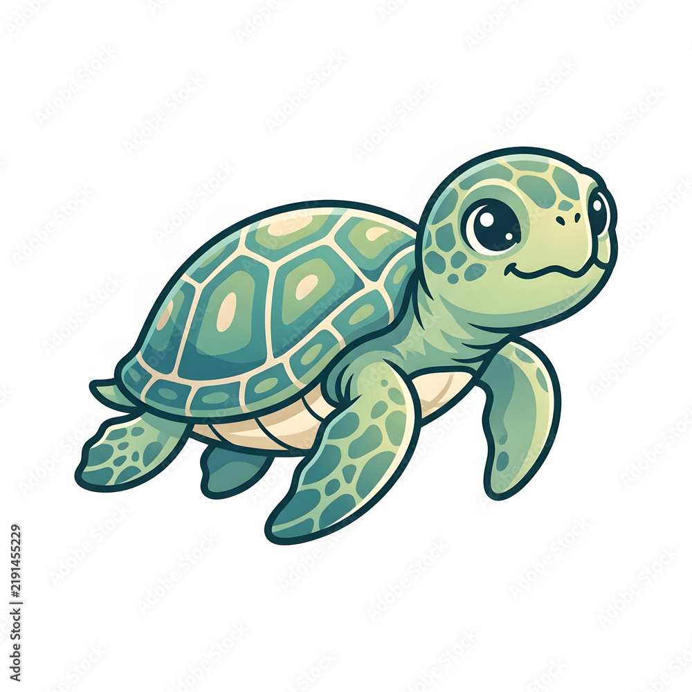 Fototapeta premium Cute Baby Sea Turtle Cartoon Illustration with a Green Shell and Big Eyes on White Background