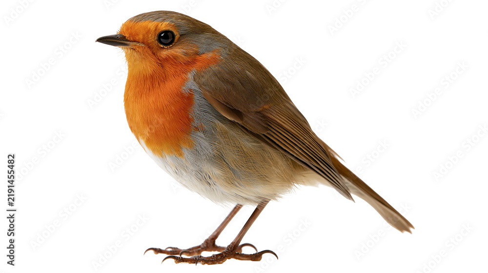 Fototapeta premium European robin bird with orange breast and brown wings standing in profile