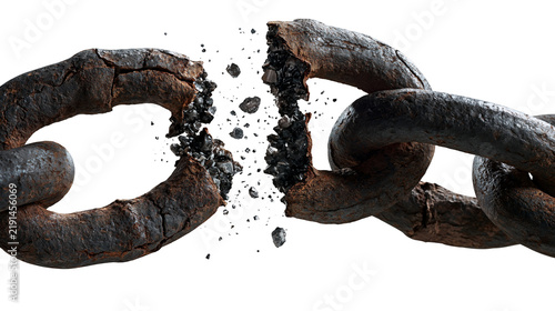 Фотография Broken rusty metal chain link shattering into dark fragments