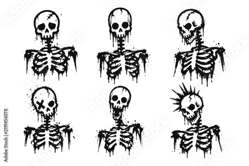 Graffiti skeleton set. Grunge skull and skeleton illustrations in bold street art style.
