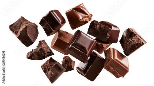 Foto Broken dark chocolate chunks and squares scattered in a pile