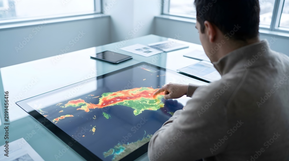 Obraz premium Professional analyzing Indonesian satellite heat map for climate data on large digital display.