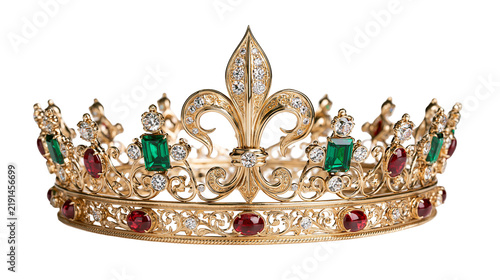 Obraz na płótnie Ornate gold royal crown with emeralds, rubies and diamonds in fleur-de-lis desig