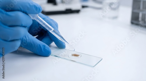 Scientist studying a feather sample on a microscope slide for ornithological research in Indonesia