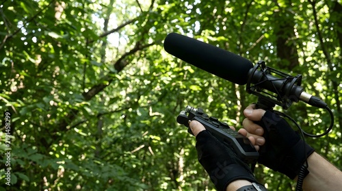 Hands using professional field recorder and shotgun microphone to capture bird sounds in Indonesian nature