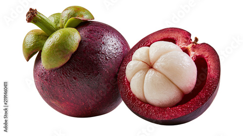 Картината върху платно Whole and halved purple mangosteen fruit with white segments