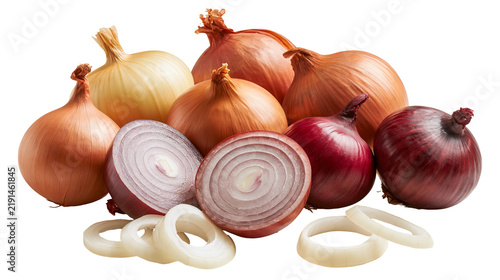 Fresh whole and sliced red and yellow onions with rings