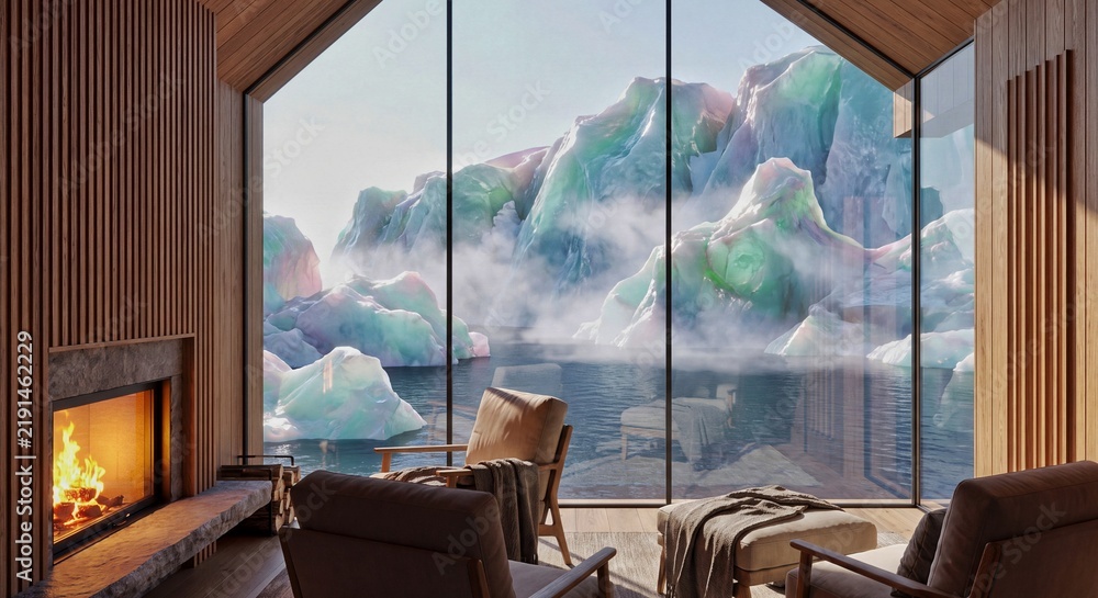 Obraz premium Modern Cozy Alpine Chalet Interior with Fireplace Armchairs and High A-Frame Glass Window View of Opalescent Rainbow Icebergs