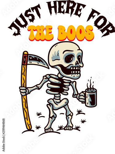 Grim Reaper Skeleton Holding Coffee Halloween Design Keywords: halloween, grim reaper, skeleton
