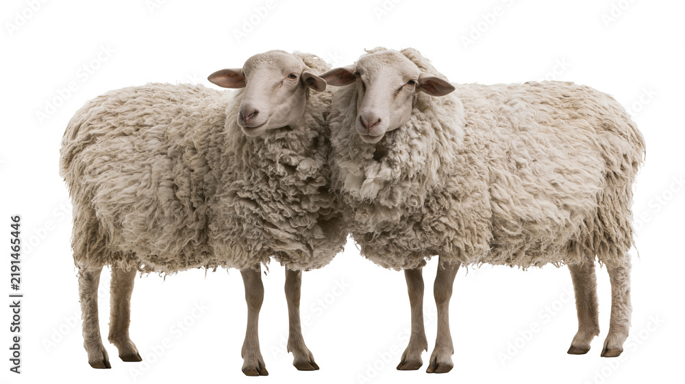 Obraz premium Two fluffy white sheep standing side by side with thick woolly coats