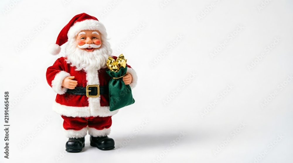 Fototapeta premium Santa Claus figurine holding a green gift sack. Christmas character on a white background.