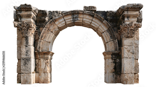 Ancient Roman stone triumphal arch with Corinthian columns and ornate carvings