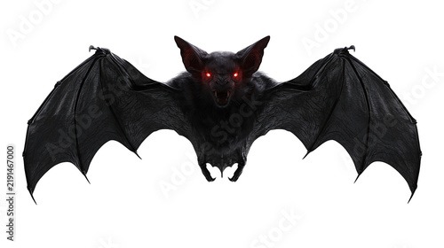 Aggressive black bat with glowing red eyes and spread wings