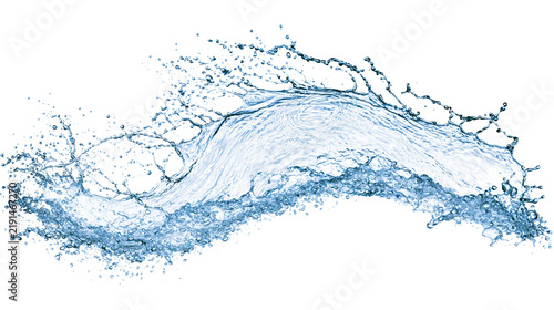 Dynamic blue water splash with droplets and ripples in motion