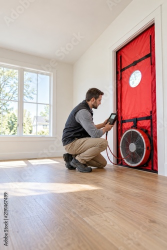 Technician carrying out a blower door test in a house