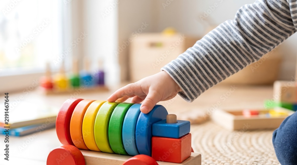 Obraz premium A young child's hand reaching out to play with a colorful wooden toy train on a softly lit wooden floor, surrounded by other educational toys in a bright nursery room.