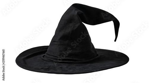 Фотография Pointy black felt witch hat with wide brim and folded top