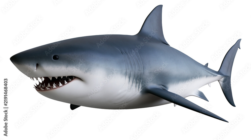 Obraz premium Great white shark swimming with open mouth showing sharp teeth