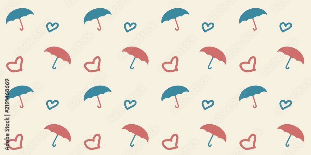 Fototapeta premium ​Retro pattern of hearts and blue/pink umbrellas on a beige background. Perfect for baby showers, children's clothes, and Valentine's Day designs. Seamless and cute.