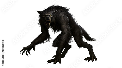 Foto Fierce black werewolf creature with sharp teeth and claws in a crouching stance