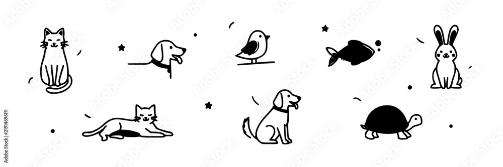 Fototapeta premium Whimsical Pet Icons Set with Dog, Cat, Bird, Fish, Turtle, and Rabbit Illustrations