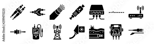 Set of black solid icons representing fiber optic cables, connectors, network devices, and signal transmission equipment on transparent background