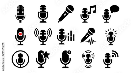 Set of black microphone icons with various sound and recording elements on transparent background