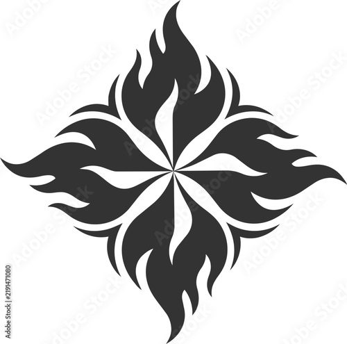 Abstract floral fire emblem with symmetrical black flame petals forms dynamic decorative ornament for creative branding design.