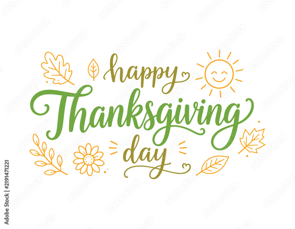 Fototapeta premium Thanksgiving Day lettering template featuring doodle elements on a white background. 