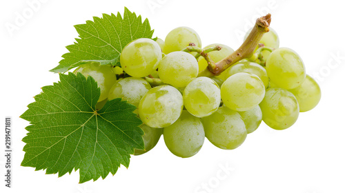 Cuadro en lienzo Fresh green grapes cluster with vibrant leaves and woody stem