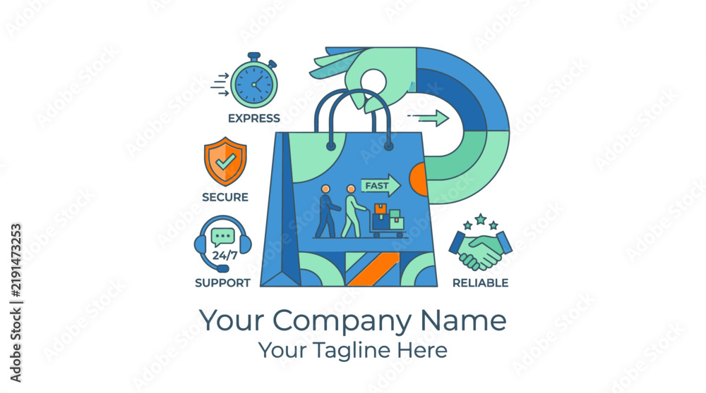 Fototapeta premium Online Shopping Icons: Express, Secure, Support, Reliable Delivery