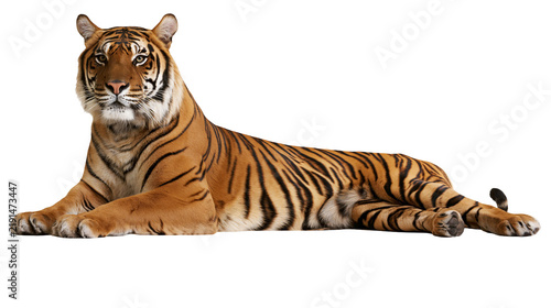 Canvas Print Majestic Bengal tiger lying down with orange fur and black stripes