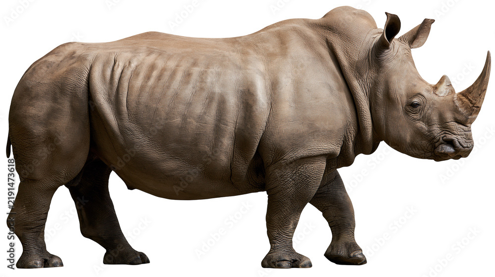 Fototapeta premium Large adult white rhinoceros standing in profile view with visible skin texture