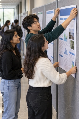 Colleagues arranging research posters on a display board