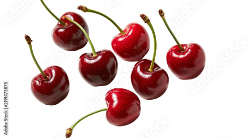 Картината върху платно Fresh ripe red cherries with green stems arranged in a cluster