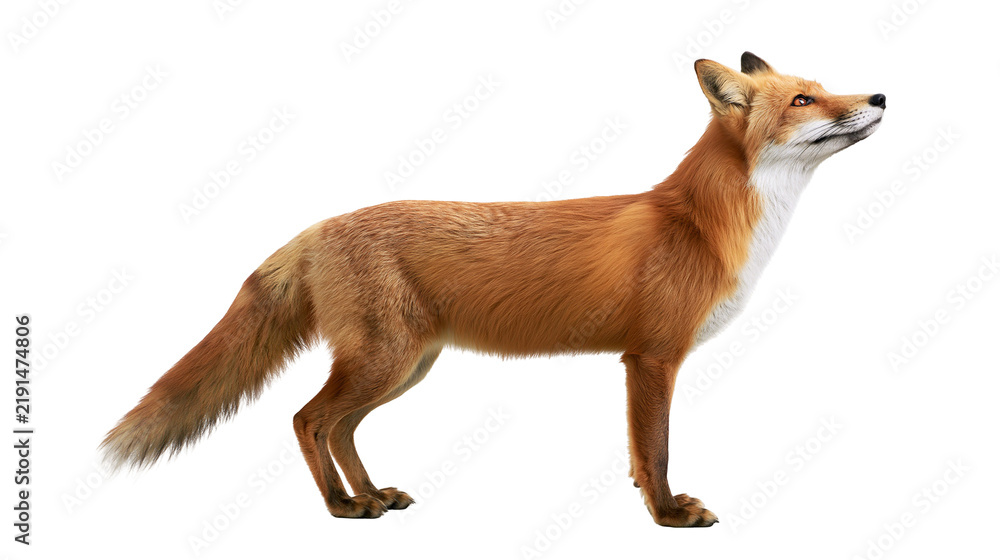 Obraz premium Red fox standing with alert posture and fluffy tail