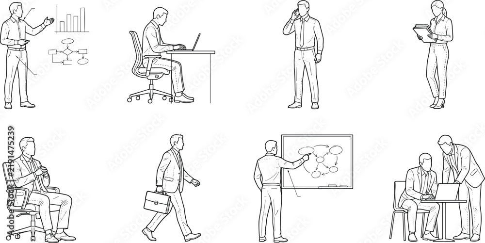 Obraz premium Business Professionals Line Art Illustrations of Office Work, Presentations, and Corporate Collaboration