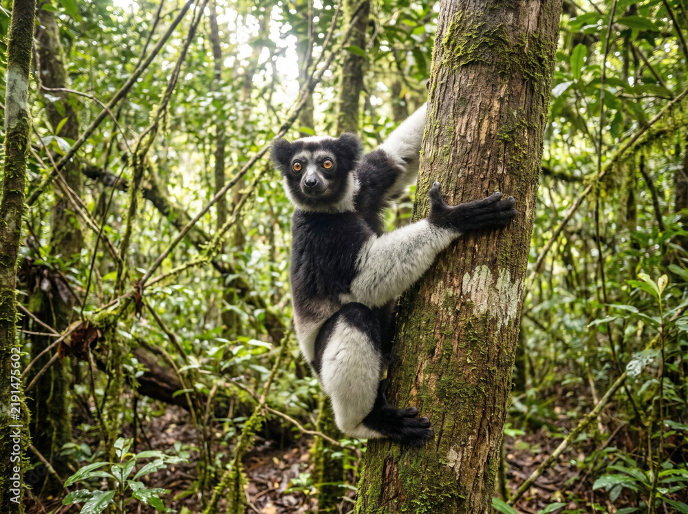 Obraz premium Rare Indri Lemur Clinging to a Mossy Tree Trunk Amidst the Lush Rainforest Canopy of Andasibe in Madagascar