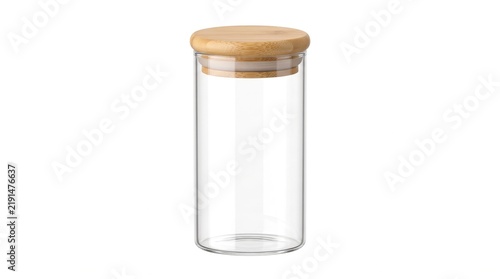 Empty glass jar with a wooden cork lid isolated on a white background