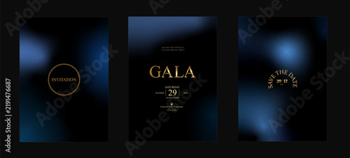 Gala Blue Abstract Invitation Poster Set with Soft Gradient Light Reflections and Deep Black Luxury Layout for VIP Celebration, Wedding, Birthday, Anniversary and Elite Branding Vector Illustration