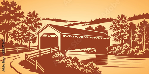 Rustic covered bridge in autumn landscape with surrounding trees and rural path
