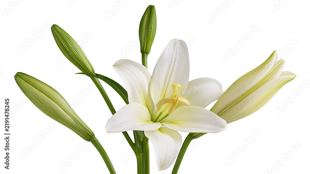 Fototapeta premium White lily flower in full bloom with green closed buds on stems