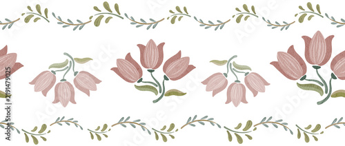 Seamless Watercolor Floral Border with Pink Folk Flowers and Botanical Leaves