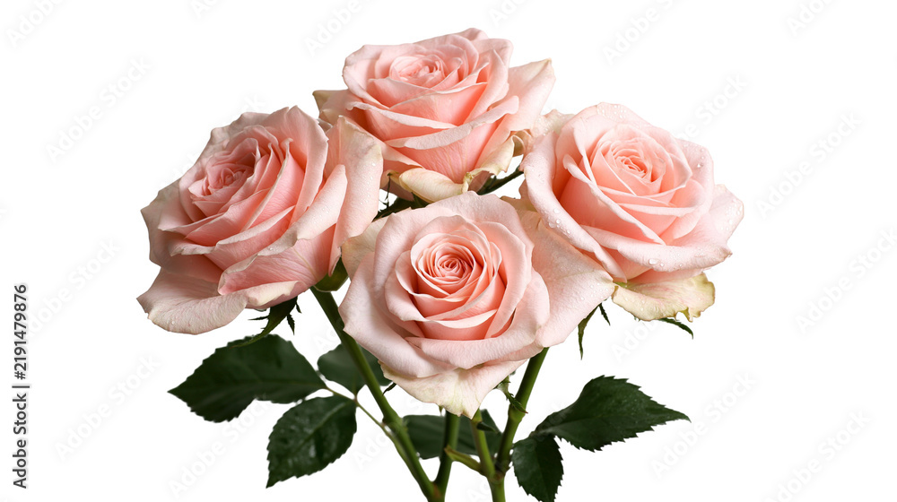 Fototapeta premium Bouquet of four soft pastel pink roses with green leaves and stems