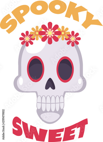 Spooky sweet skull with flower crown Keywords: skull, spooky, sweet, Halloween, holiday, floral