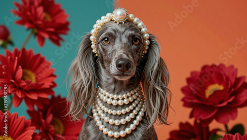 Elegant grey dog adorned with pearl headpiece and necklace.