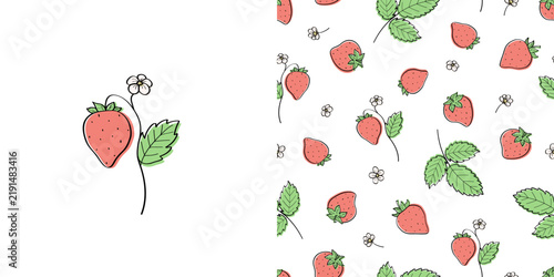Clip art strawberry berry on a bush with flowers and seamless pattern of strawberry berries with leaves. Bright summer background with garden strawberries. set Vector illustration.